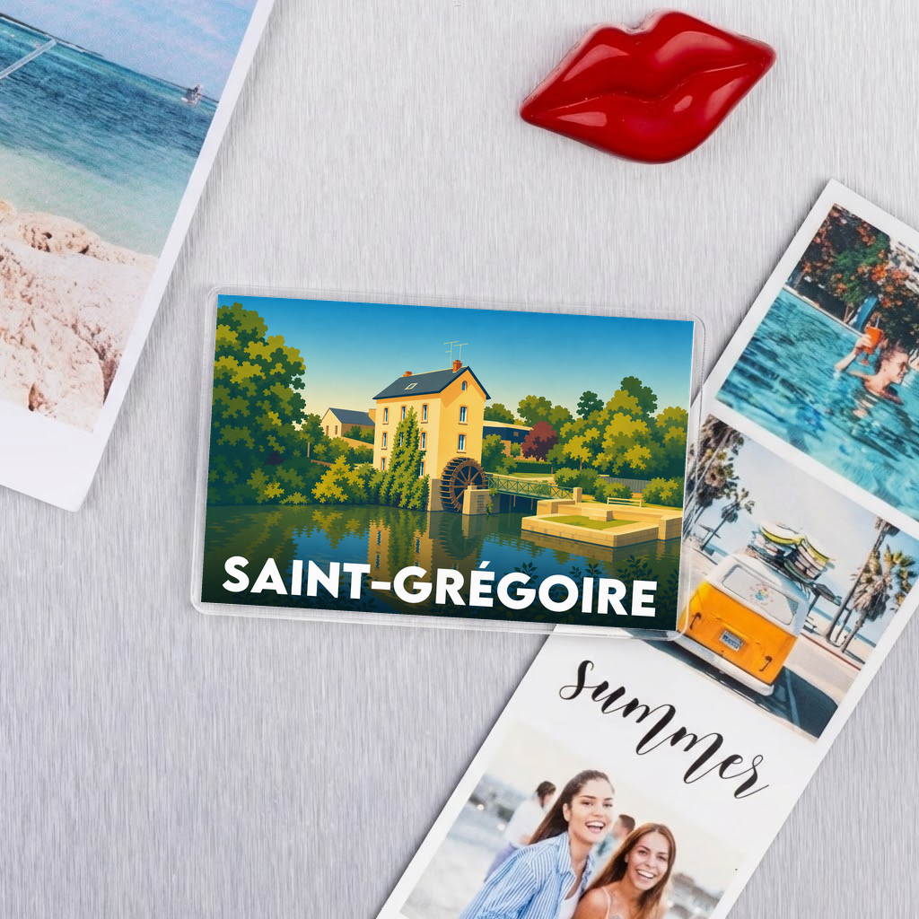 Magnet souvenir de la ville de Saint-Grégoire avec une illustration stylisée.