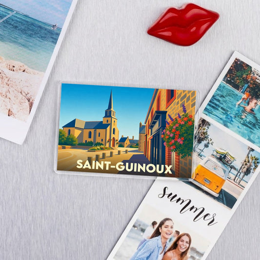 Magnet souvenir de la ville de Saint-Guinoux avec une illustration stylisée.
