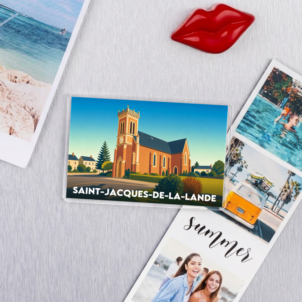 Magnet souvenir de la ville de Saint-Jacques-de-la-Lande avec une illustration stylisée de son église.
