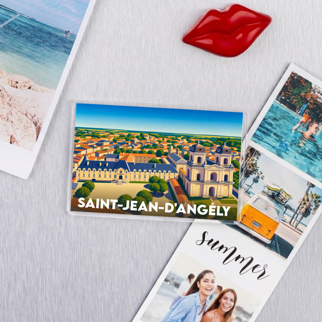 Magnet souvenir de la ville de Saint-Jean-d'Angély avec une illustration stylisée de son abbaye et de ses toits.
