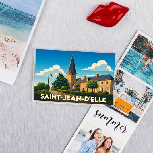 Magnet souvenir de la ville de Saint-Jean-d'Elle avec une illustration de style vintage.