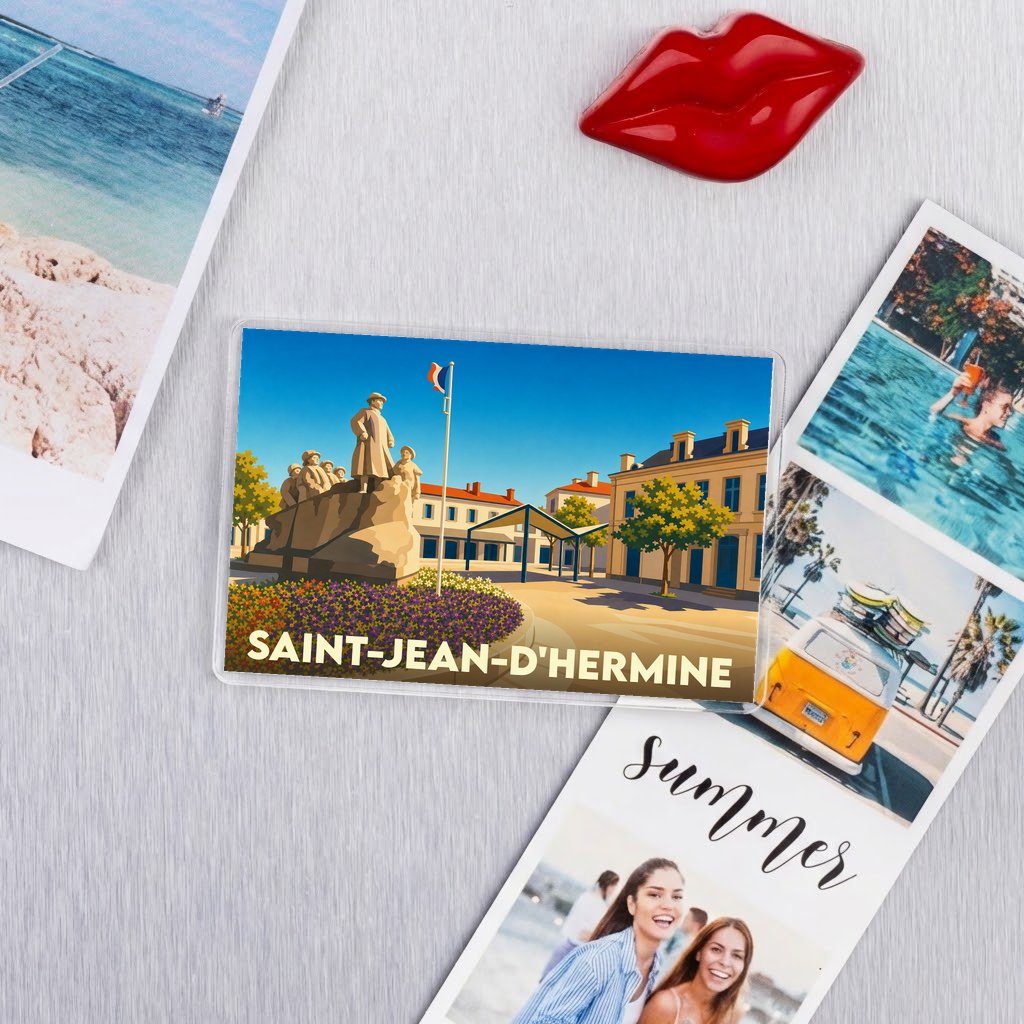 Magnet souvenir de la ville de Saint-Jean-d'Hermine avec une illustration stylisée.