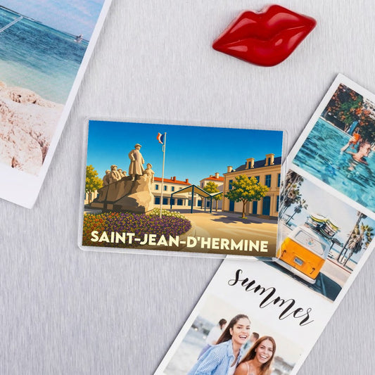 Magnet souvenir de la ville de Saint-Jean-d'Hermine avec une illustration stylisée.