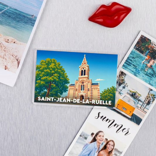 Magnet souvenir de la ville de Saint-Jean-de-la-Ruelle avec une illustration stylisée.