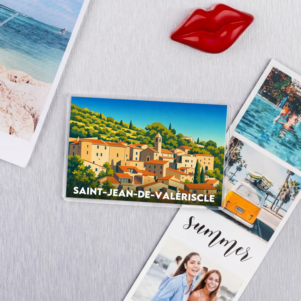 Magnet souvenir de la ville de Saint-Jean-de-Valériscle avec une illustration stylisée.