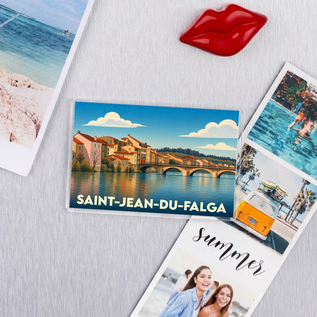 Magnet souvenir de la ville de Saint-Jean-du-Falga avec une illustration stylisée.