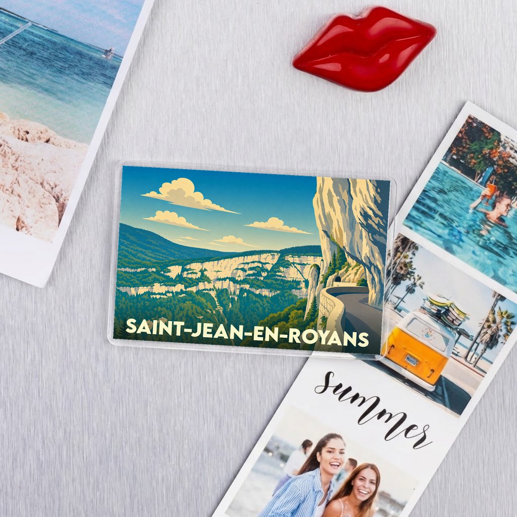 Magnet souvenir de la ville de Saint-Jean-en-Royans avec une illustration stylisée de ses falaises.