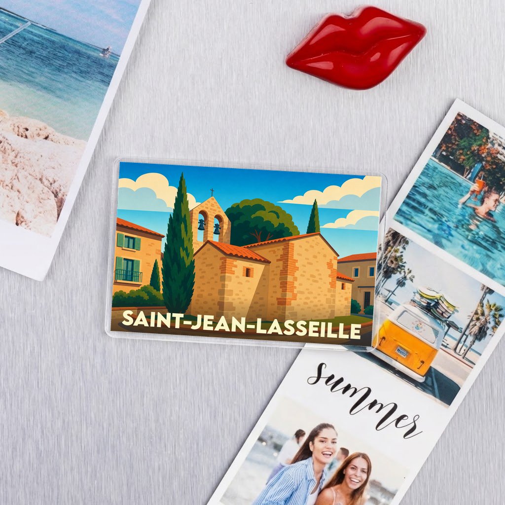 Magnet souvenir de la ville de Saint-Jean-Lasseille avec une illustration stylisée.