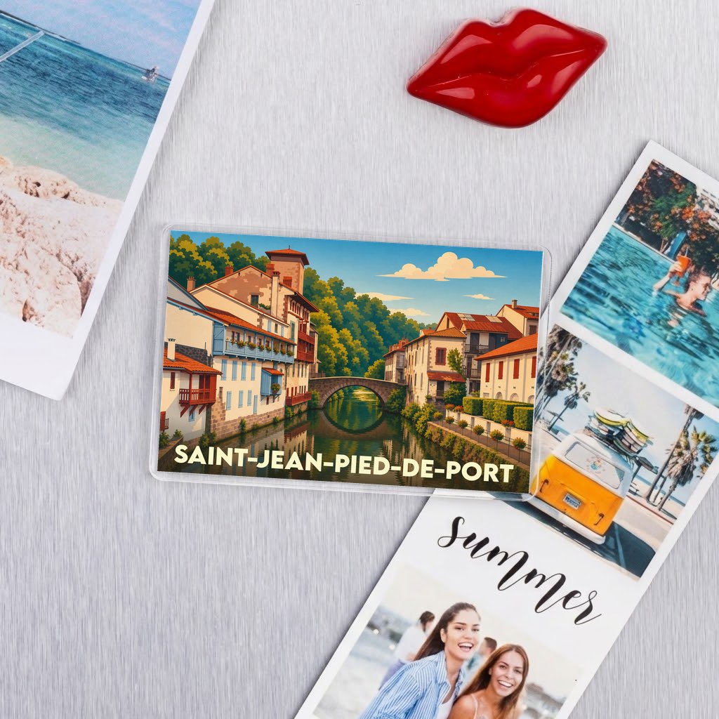 Magnet souvenir de Saint-Jean-Pied-de-Port arborant une illustration colorée et stylisée de la ville.