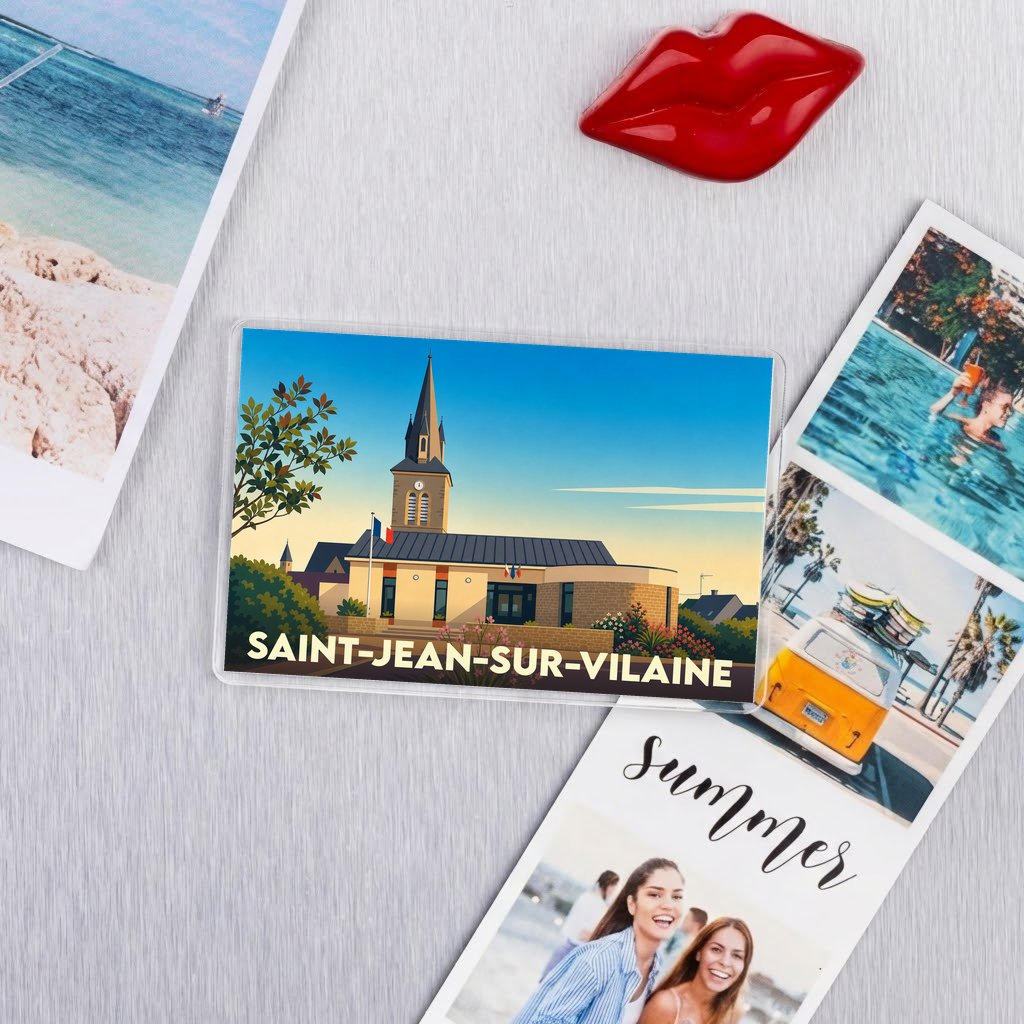 Magnet souvenir de la ville de Saint-Jean-sur-Vilaine avec une illustration stylisée de sa mairie.