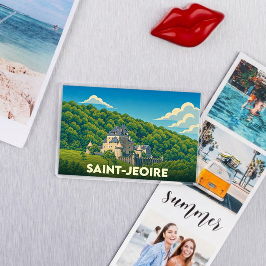 Magnet souvenir de la ville de Saint-Jeoire avec une illustration stylisée de son château.