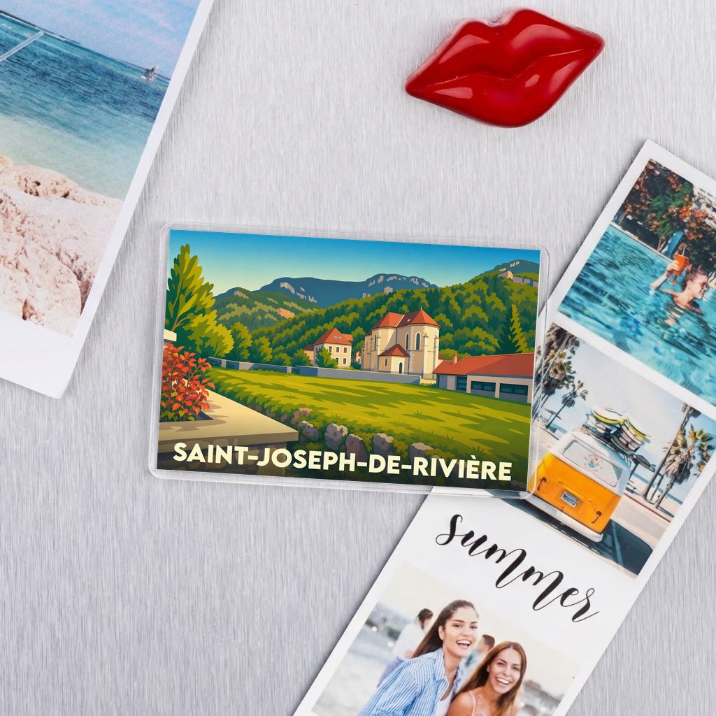 Magnet souvenir de la ville de Saint-Joseph-de-Rivière avec une illustration stylisée d'un paysage montagneux.