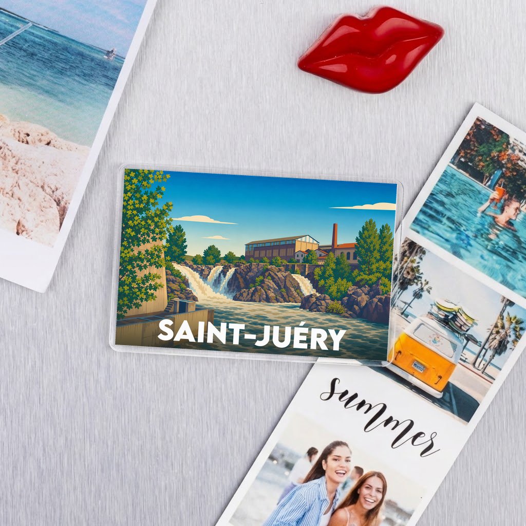 Magnet souvenir de la ville de Saint-Juéry avec une illustration stylisée d'un paysage fluvial.