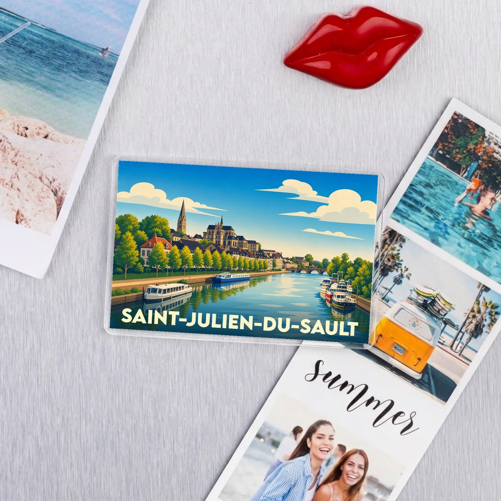 Magnet souvenir de la ville de Saint-Julien-du-Sault avec une illustration stylisée des bords de l'Yonne.