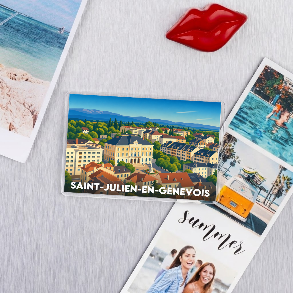 Magnet souvenir de la ville de Saint-Julien-en-Genevois avec une illustration stylisée de son centre-ville.