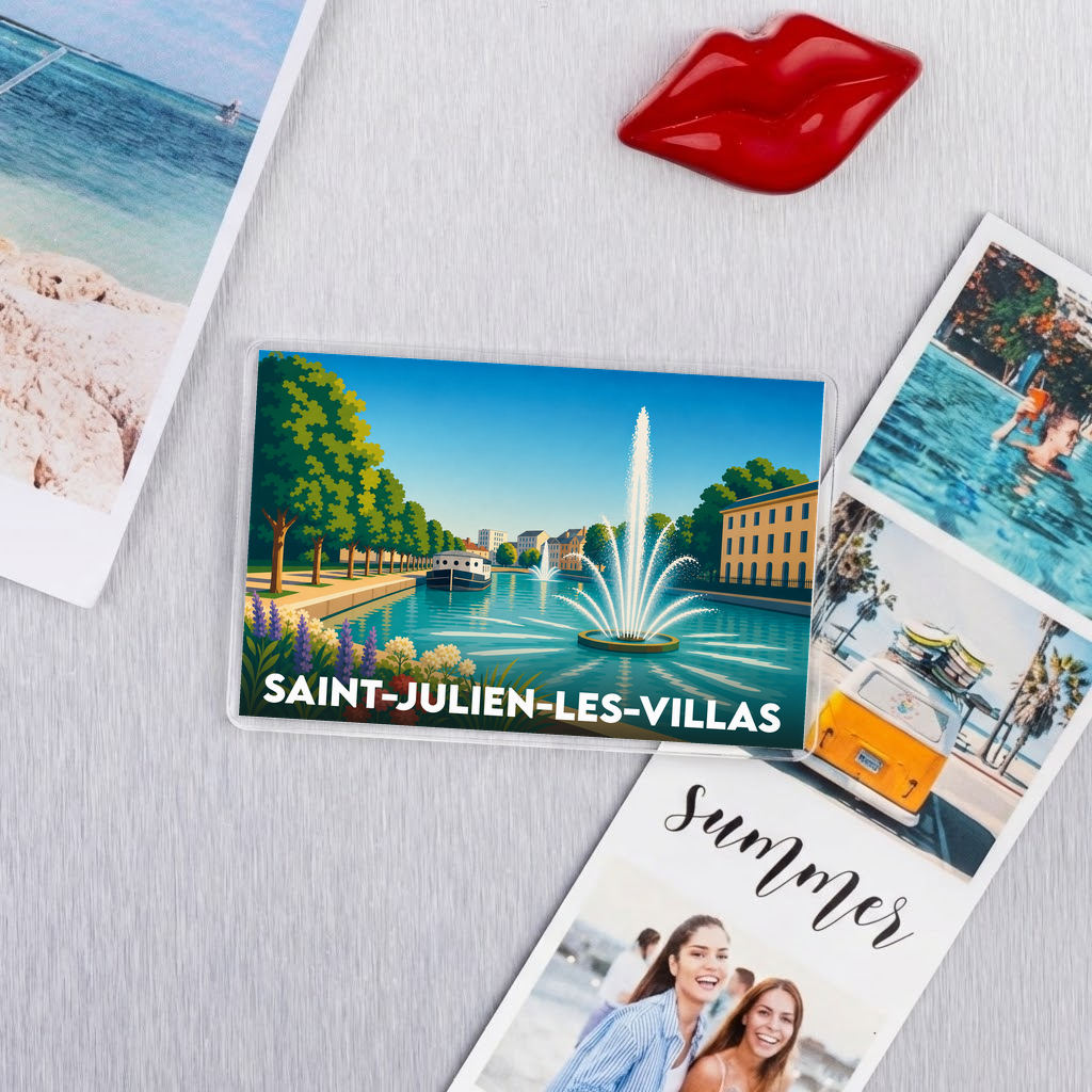 Magnet souvenir de la ville de Saint-Julien-les-Villas avec une illustration stylisée de son canal et de ses jets d'eau.