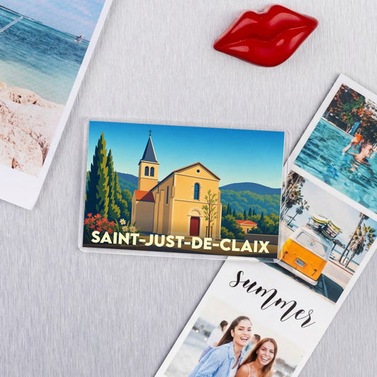 Magnet souvenir de la ville de Saint-Just-de-Claix avec une illustration stylisée de son église.