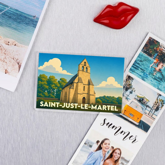 Magnet souvenir de la ville de Saint-Just-le-Martel avec une illustration stylisée de son église.