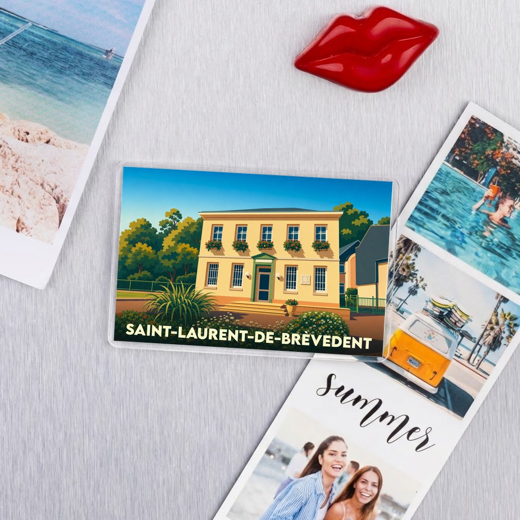 Magnet souvenir de la ville de Saint-Laurent-de-Brèvedent avec une illustration stylisée d'un bâtiment fleuri.