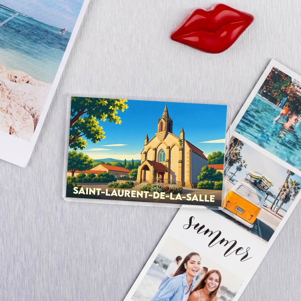 Magnet souvenir de la ville de Saint-Laurent-de-la-Salle avec une illustration stylisée de son église.