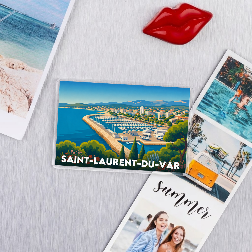Magnet souvenir de la ville de Saint-Laurent-du-Var avec une illustration stylisée de son port de plaisance.