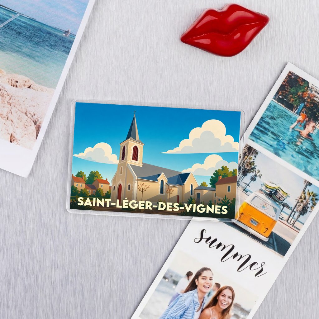 Magnet souvenir de la ville de Saint-Léger-des-Vignes avec une illustration stylisée de son église.