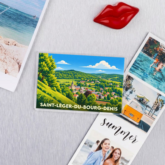 Magnet souvenir de la ville de Saint-Léger-du-Bourg-Denis avec une illustration de paysage vallonné.