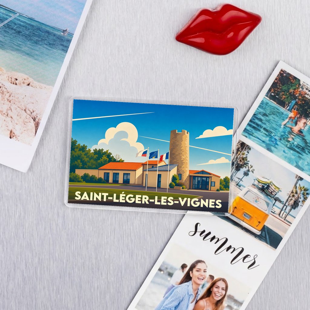 Magnet souvenir de la ville de Saint-Léger-les-Vignes avec une illustration stylisée de sa mairie et de son emblématique tour.