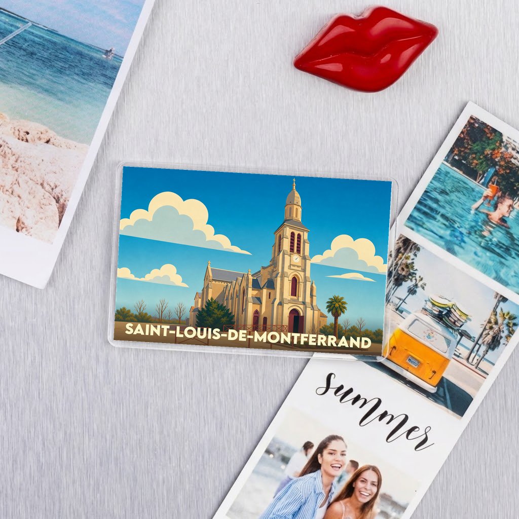 Magnet souvenir de la ville de Saint-Louis-de-Montferrand avec une illustration stylisée de son église.