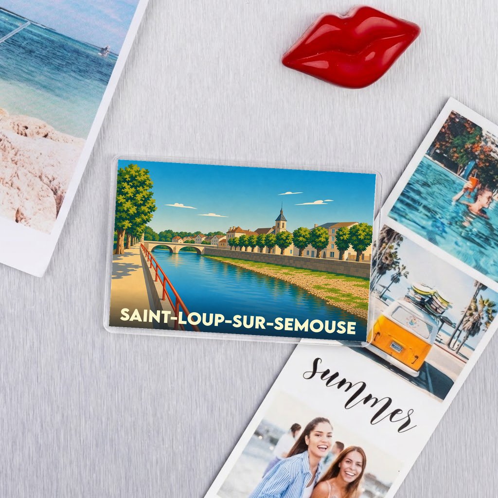 Magnet souvenir de la ville de Saint-Loup-sur-Semouse avec une illustration stylisée des bords de la Semouse.