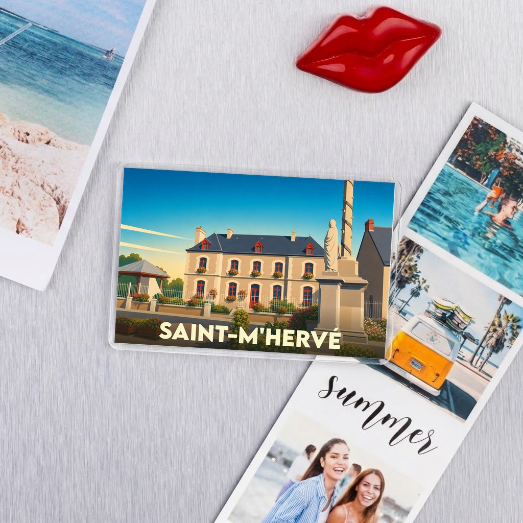 Magnet souvenir de la ville de Saint-M'Hervé avec une illustration colorée et stylisée de ses bâtiments.