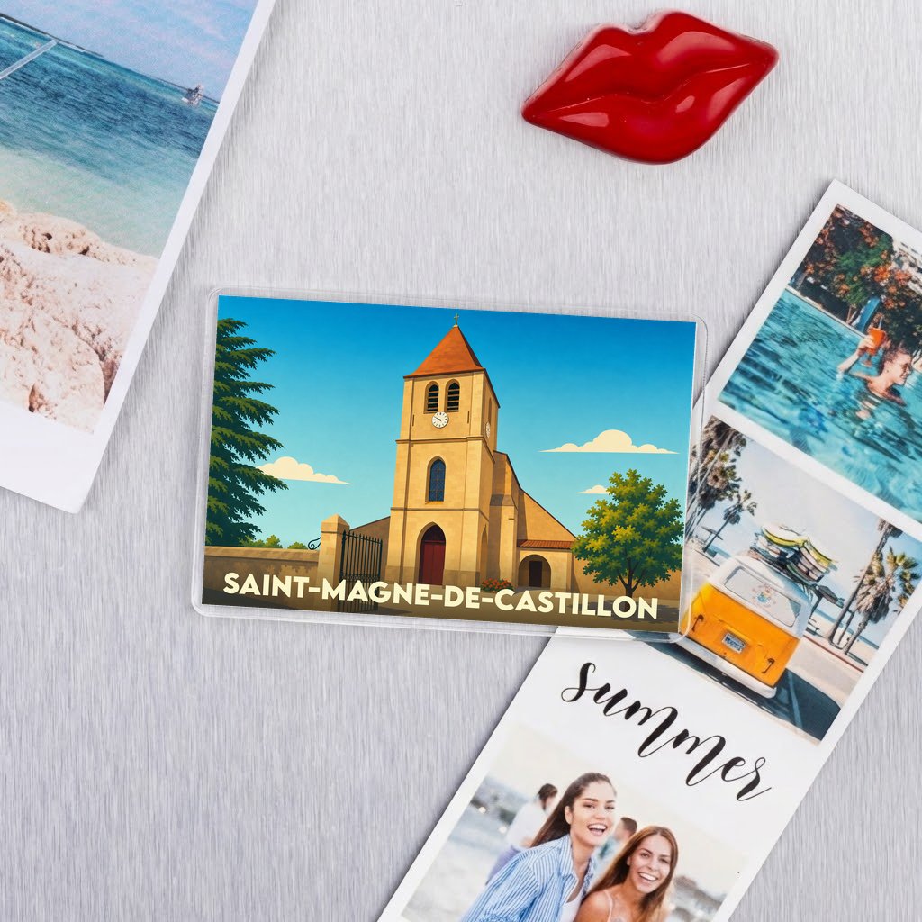 Magnet souvenir de la ville de Saint-Magne-de-Castillon avec une illustration stylisée de son église.