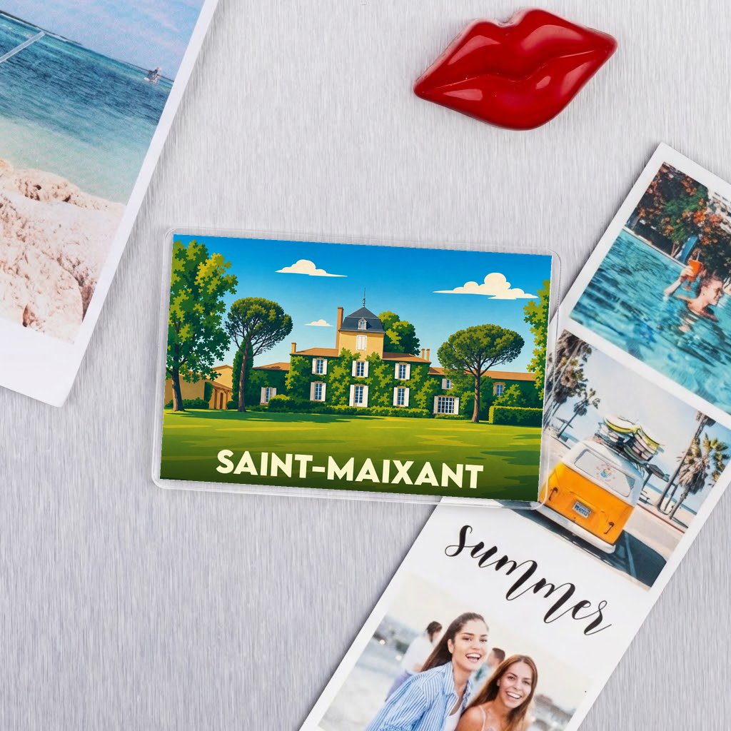 Magnet souvenir de la ville de Saint-Maixant avec une illustration stylisée d'une demeure entourée de verdure.