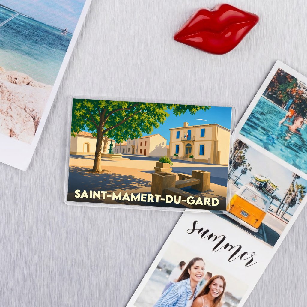 Magnet souvenir de Saint-Mamert-du-Gard illustrant une place ensoleillée du village avec une esthétique rétro.