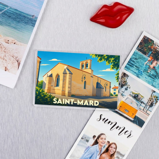Magnet souvenir de la ville de Saint-Mard avec une illustration stylisée de son église.