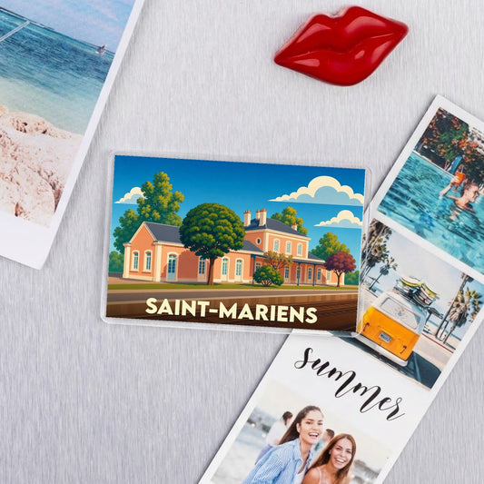 Magnet souvenir de la ville de Saint-Mariens avec une illustration stylisée de sa gare.