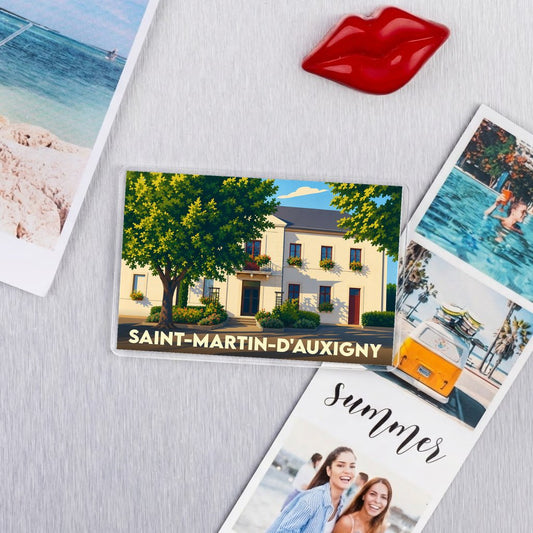 Magnet souvenir de la ville de Saint-Martin-d'Auxigny avec une illustration stylisée de la mairie.