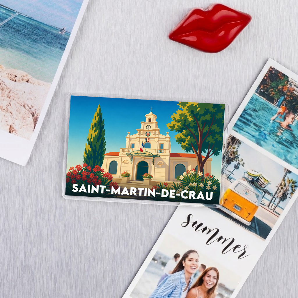 Magnet souvenir de la ville de Saint-Martin-de-Crau avec une illustration stylisée.