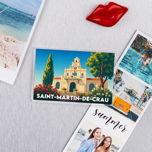 Magnet souvenir de la ville de Saint-Martin-de-Crau avec une illustration stylisée.