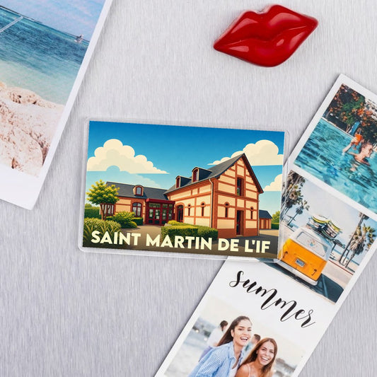 Magnet souvenir de la ville de Saint Martin de l'If avec une illustration stylisée.