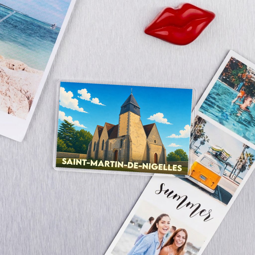 Magnet souvenir de Saint-Martin-de-Nigelles avec une illustration stylisée de son église sous un ciel bleu.