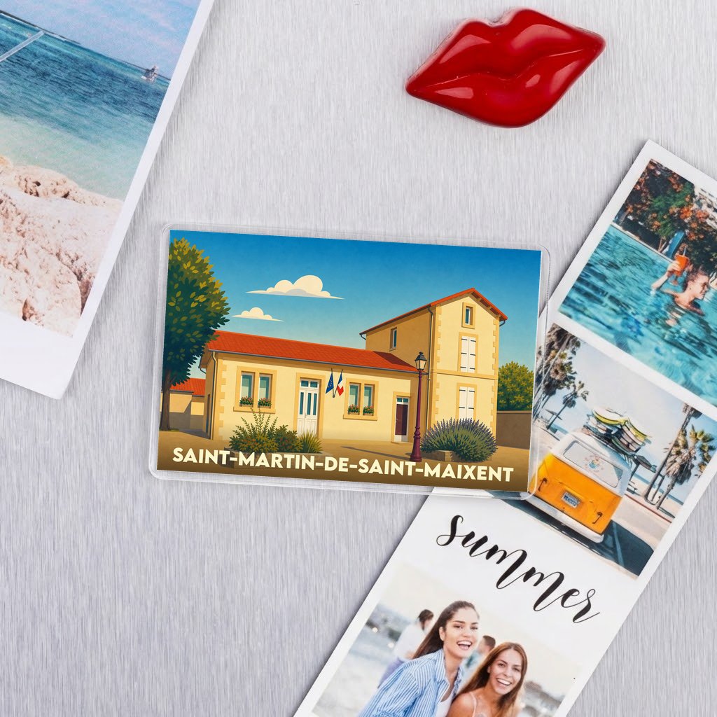 Magnet souvenir de la ville de Saint-Martin-de-Saint-Maixent avec une illustration stylisée de sa mairie.