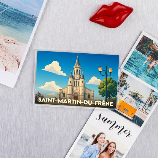 Magnet souvenir de Saint-Martin-du-Frêne avec une illustration stylisée de son église.