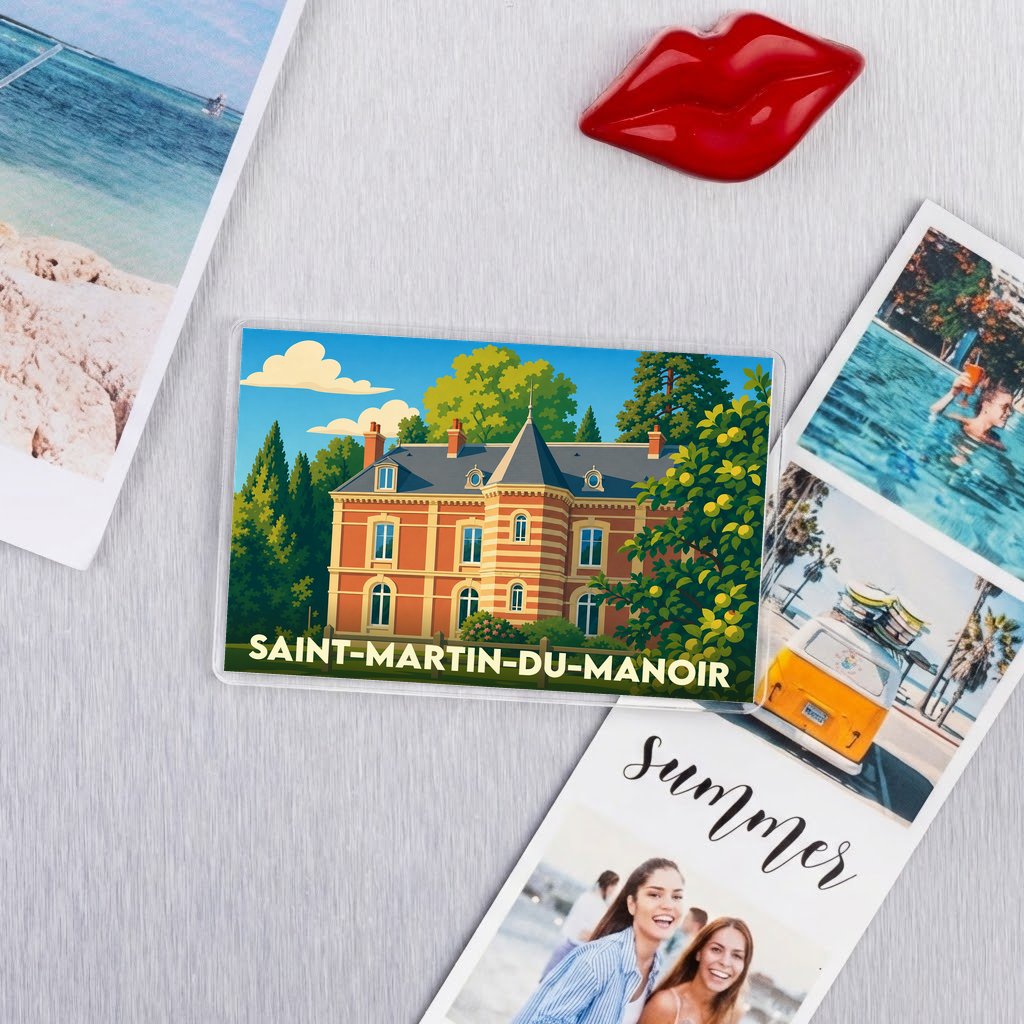 Magnet souvenir de la ville de Saint-Martin-du-Manoir illustrant un château coloré.