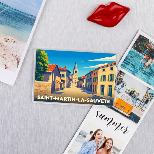 Magnet souvenir de la ville de Saint-Martin-la-Sauveté avec une illustration stylisée.