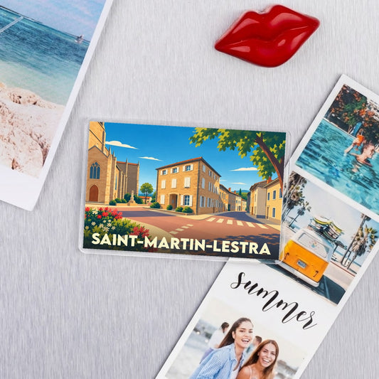 Magnet souvenir de la ville de Saint-Martin-Lestra avec une illustration stylisée.