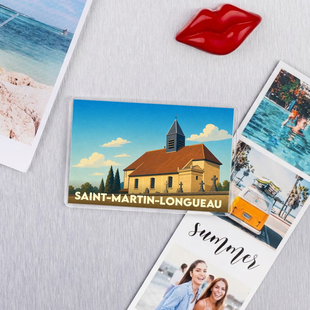 Magnet souvenir de la ville de Saint-Martin-Longueau avec une illustration stylisée de son église.
