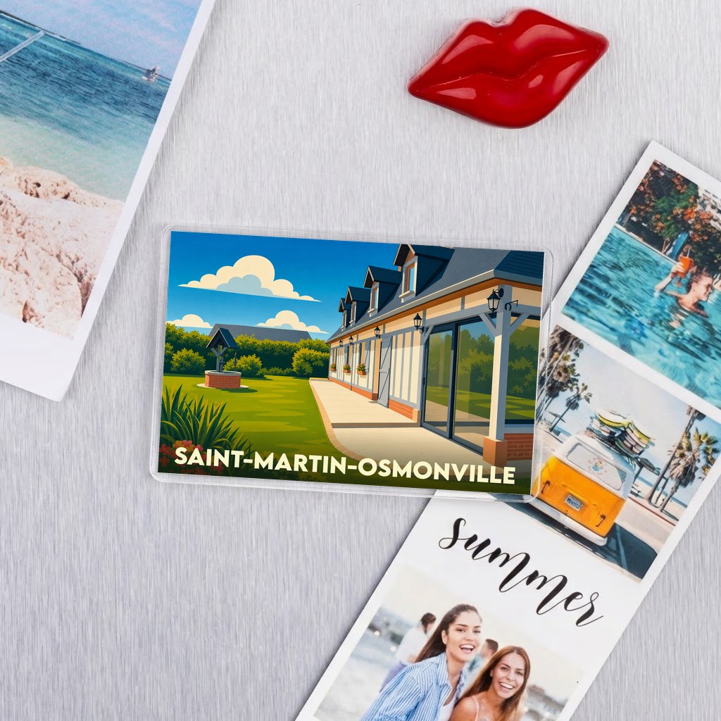 Magnet souvenir de la commune de Saint-Martin-Osmonville avec une illustration stylisée d'une maison traditionnelle et de son jardin.