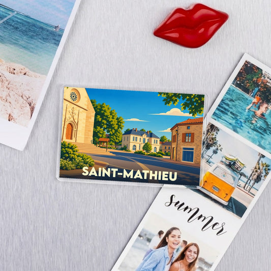 Magnet souvenir de la ville de Saint-Mathieu avec une illustration stylisée et colorée.