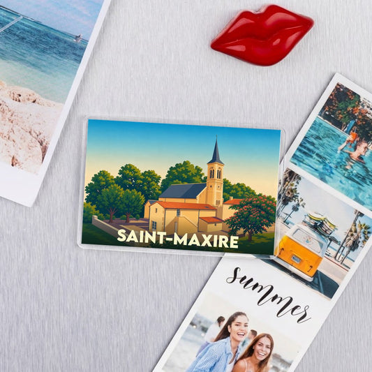 Magnet souvenir de la ville de Saint-Maxire avec une illustration stylisée de son église.